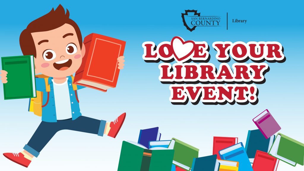 Cheerful boy holding books leaps joyfully against a blue background. Text reads "Love Your Library Event!" with scattered colorful books below. 