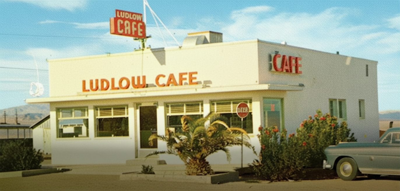 A classic diner vintage building with large windows, a red and white color scheme and a "Ludlow Cafe" sign. A vintage car is parked in front.