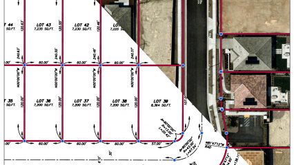 Subdivision site plan over aerial image showing lots 36–43 with dimensions (~60x120 ft), street layout, and red parcel boundaries.
