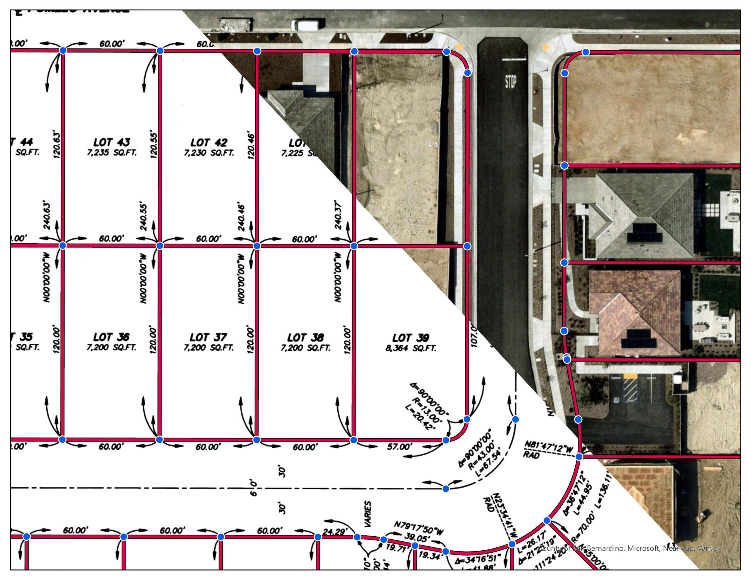Subdivision site plan over aerial image showing lots 36–43 with dimensions (~60x120 ft), street layout, and red parcel boundaries.