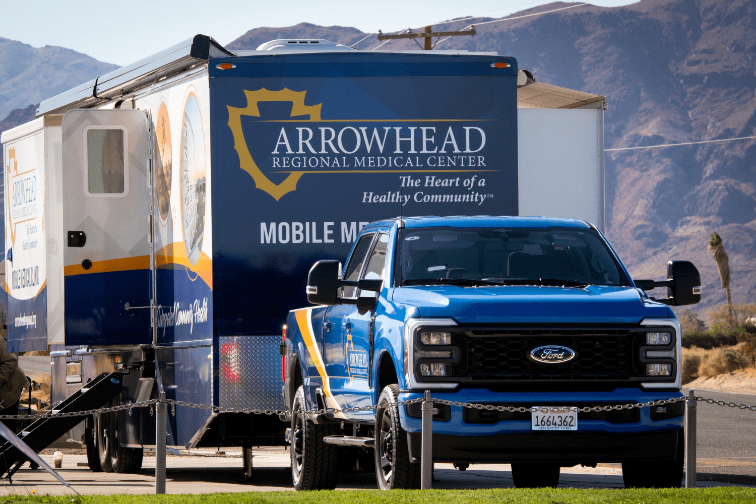 A Ford truck towing Arrowhead Regional Medical Center’s Mobile Medical Clinic unit, which provides health care services to communities and remote areas in San Bernardino County.
