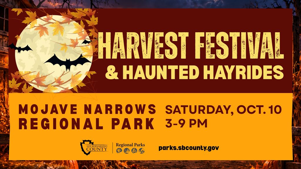 Fall graphic promotes Harvest Festival & Haunted Hayrides at Mojave Narrows Regional Park, Oct. 10, from 3–9 p.m.