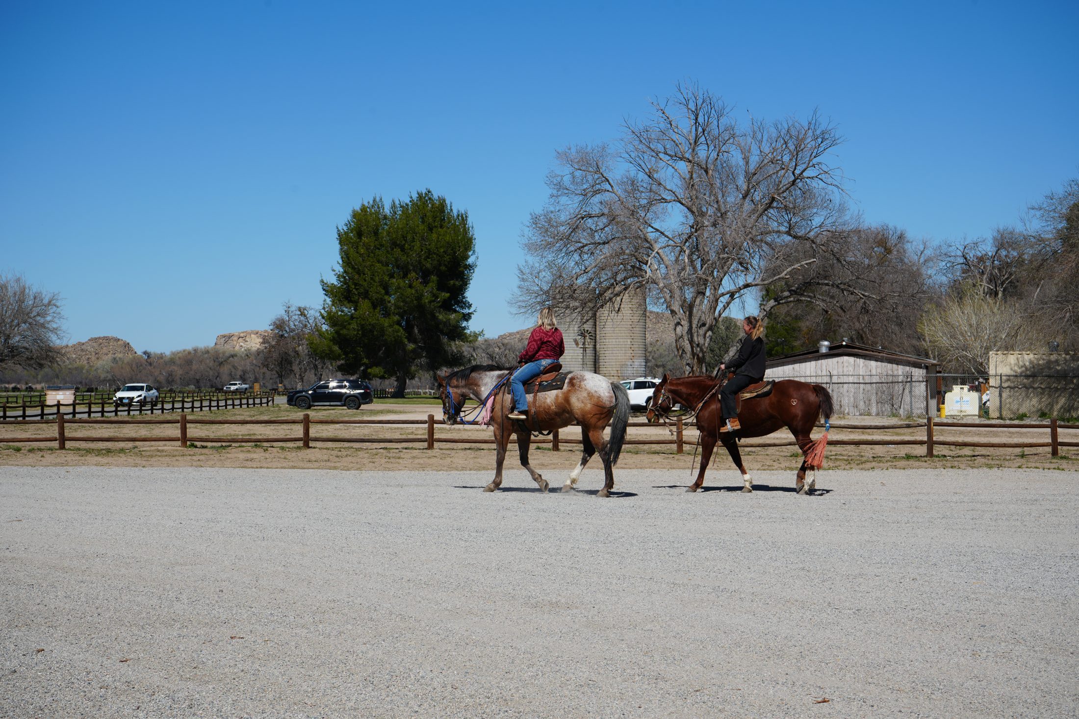 Two women horseback riding at Mojave Narrows Regional Park.