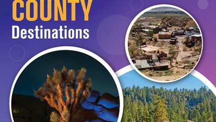 Mountain, desert landscape, waterfalls, and desert town. Text: Share your favorite San Bernardino County destinations. County logo is featured.