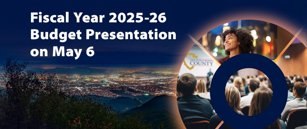 "County 2025-26 budget workshop and fiscal overview on May 6" graphic, featuring a cityscape, a public meeting, and a smiling woman in a circular design
