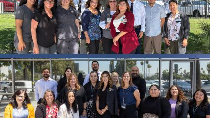 Two HR teams from San Bernardino County pose outside, celebrating 2025 NACo Awards for innovation in hiring, wellness, and workforce support.