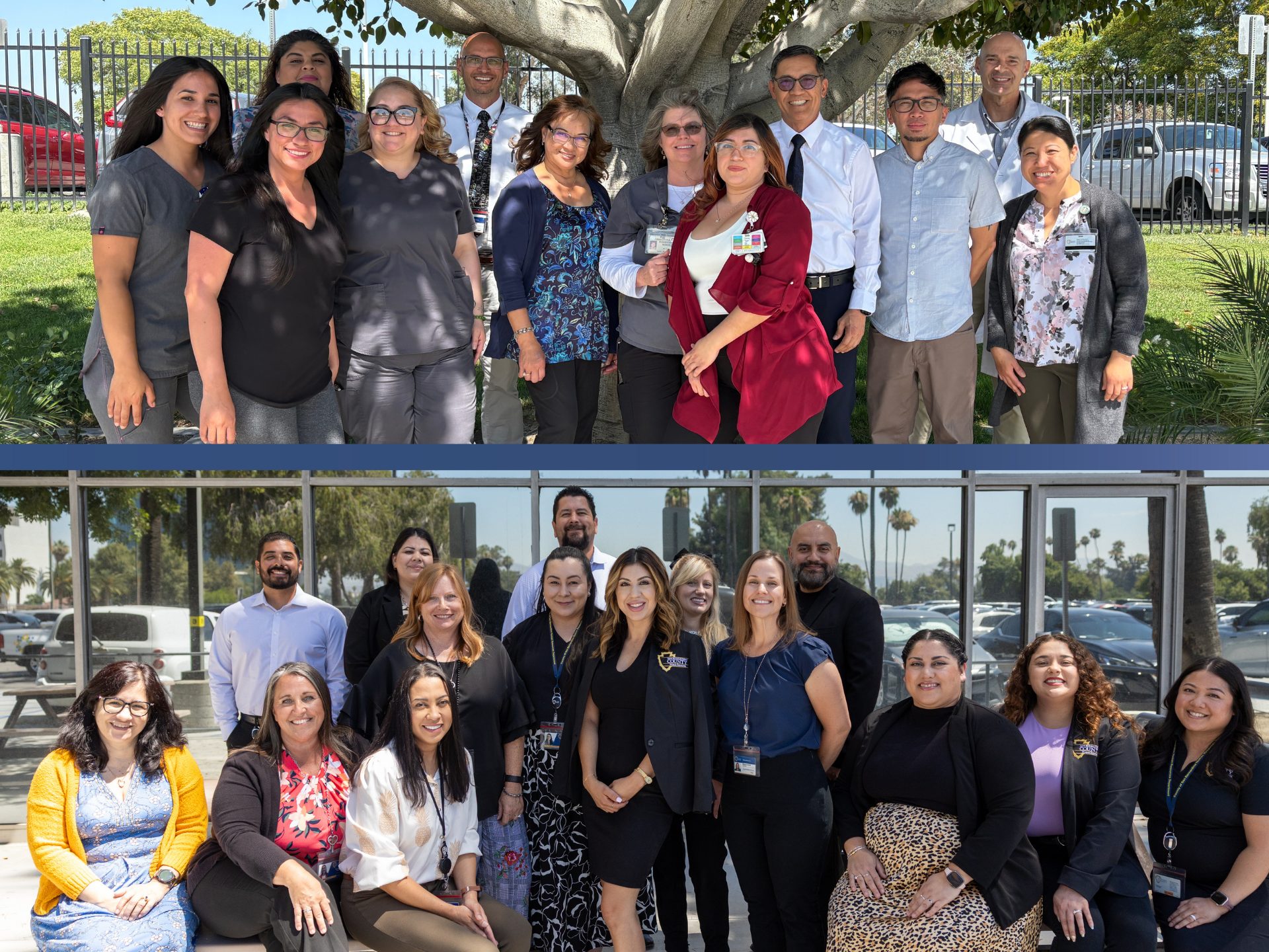 Two HR teams from San Bernardino County pose outside, celebrating 2025 NACo Awards for innovation in hiring, wellness, and workforce support.