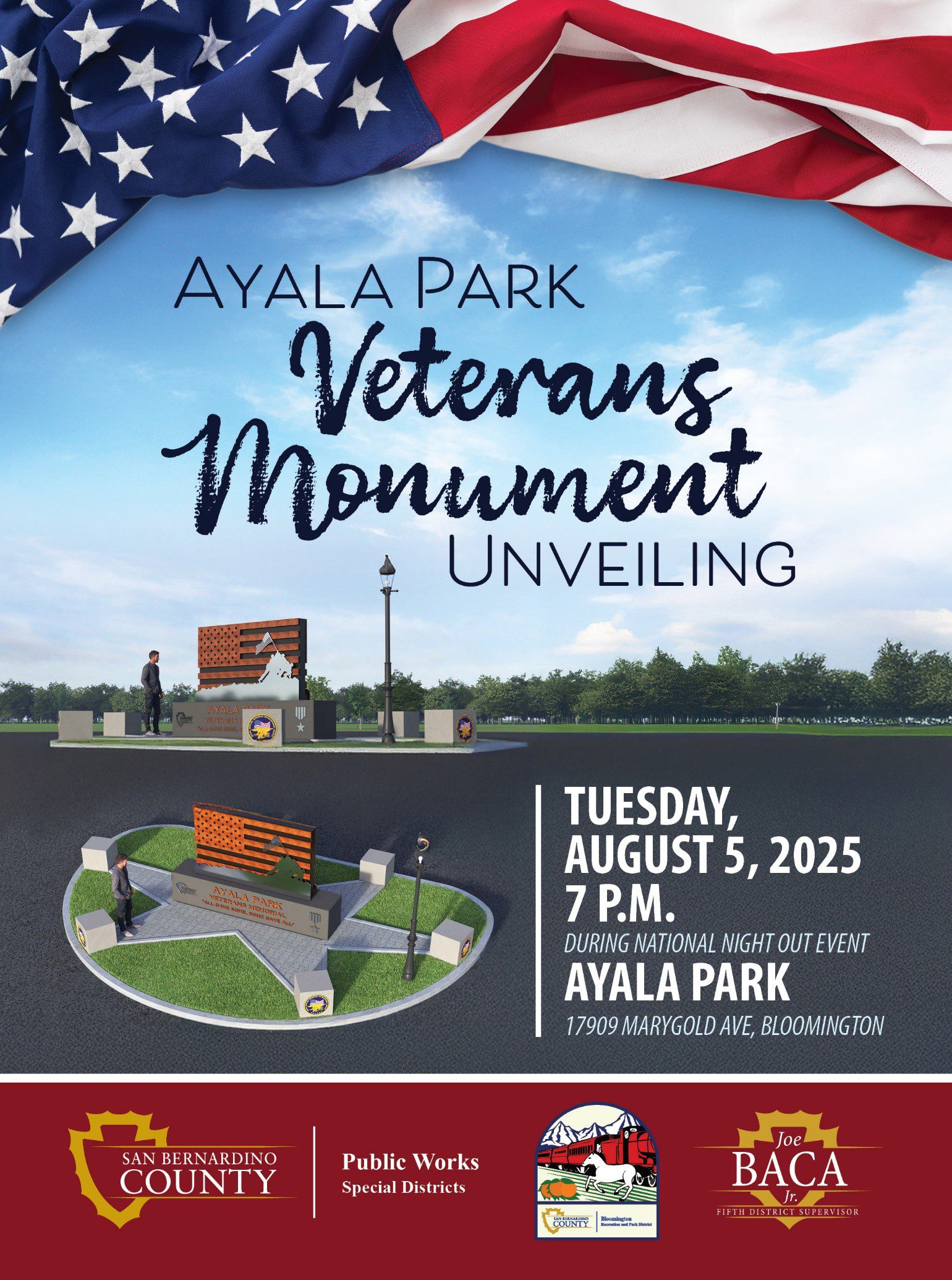 Invitation for Veterans Monument unveiling on Aug 5, 2025, at 7 PM at Ayala Park during National Night Out.