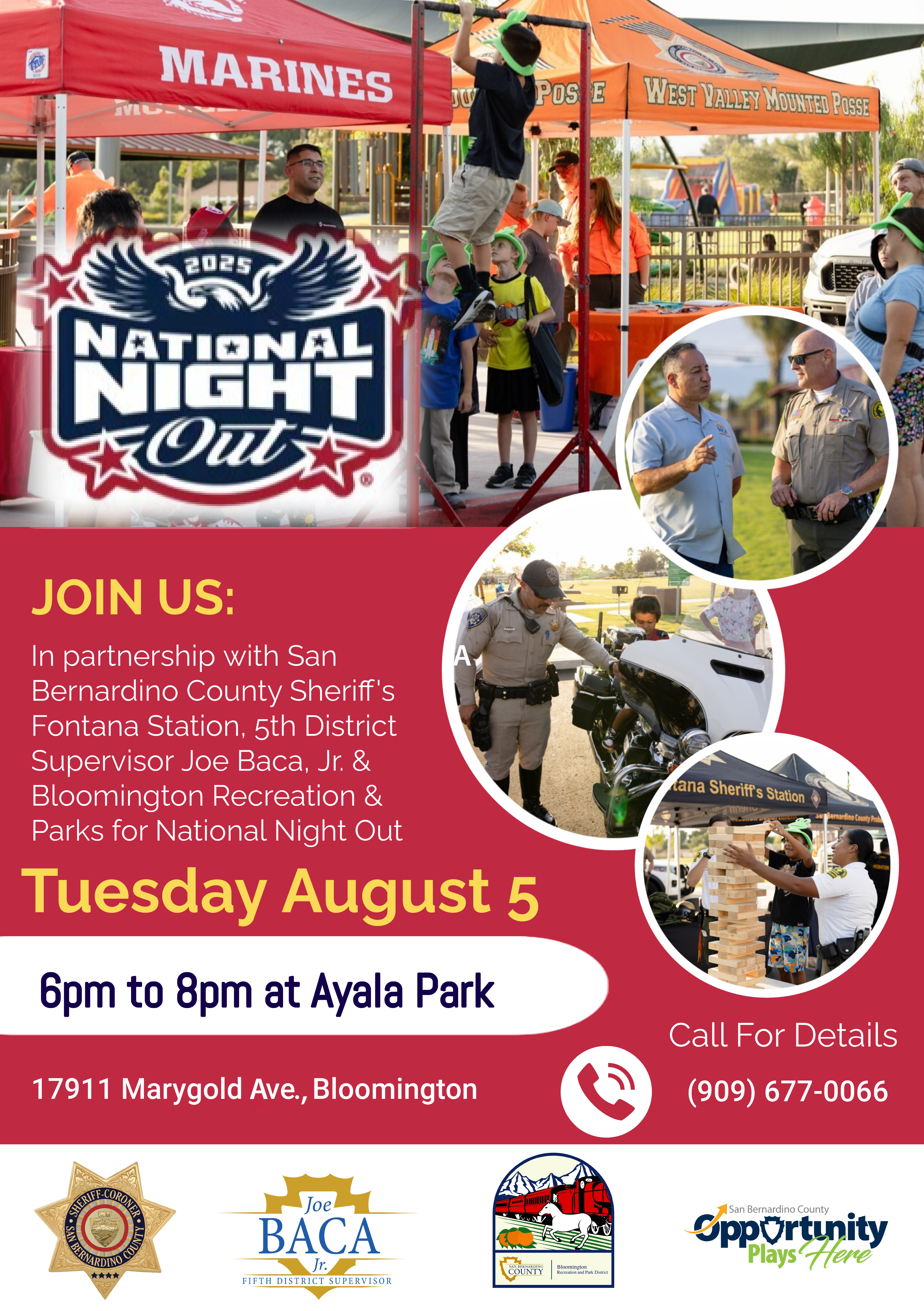 Flyer for National Night Out on Aug. 5, 2025, 6–8 p.m. at Ayala Park with games, police demos, and family fun.