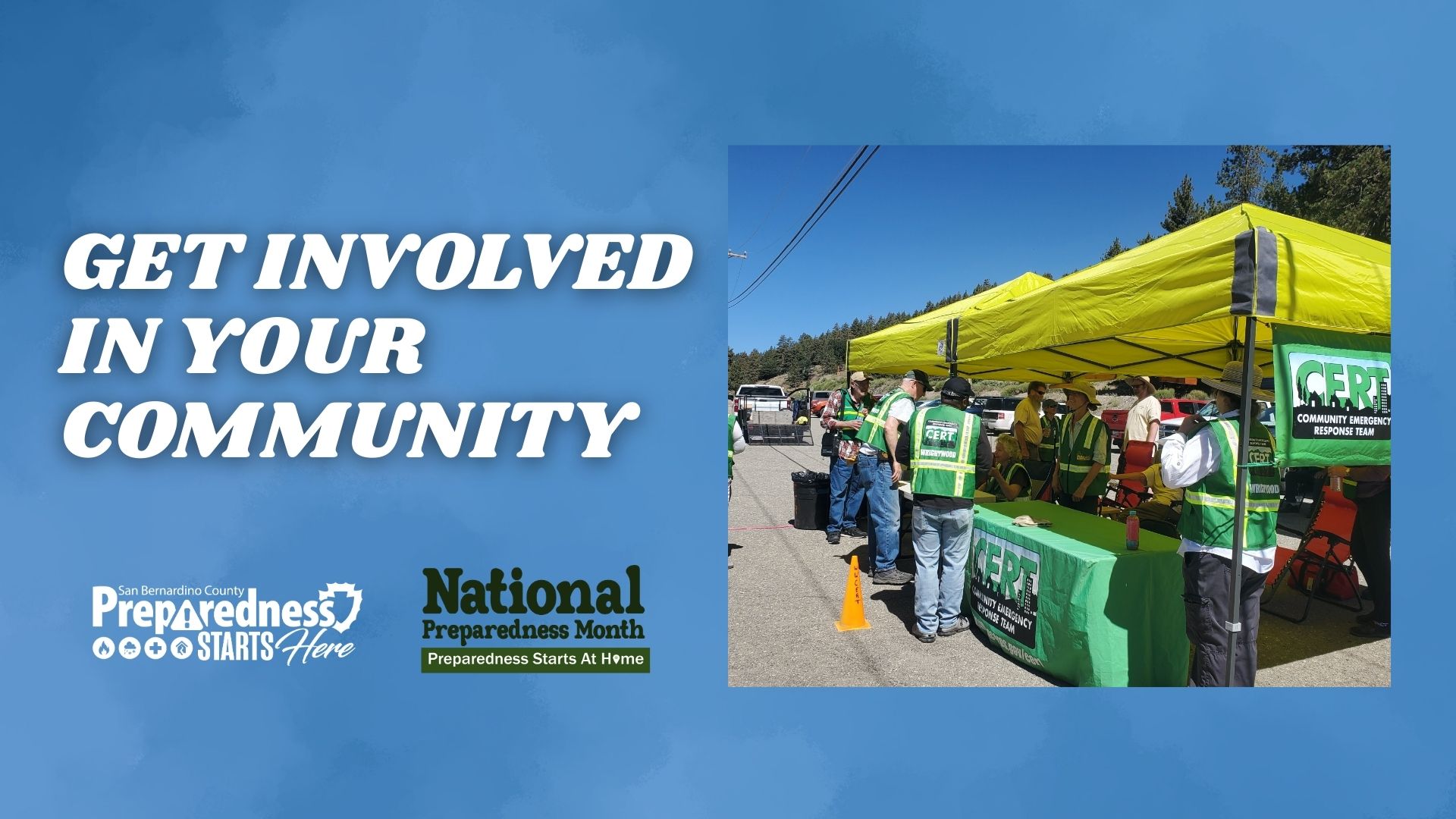 Community Emergency Response Team (CERT) volunteers in green vests gather under a bright yellow canopy at a local preparedness event, speaking with residents about emergency readiness.