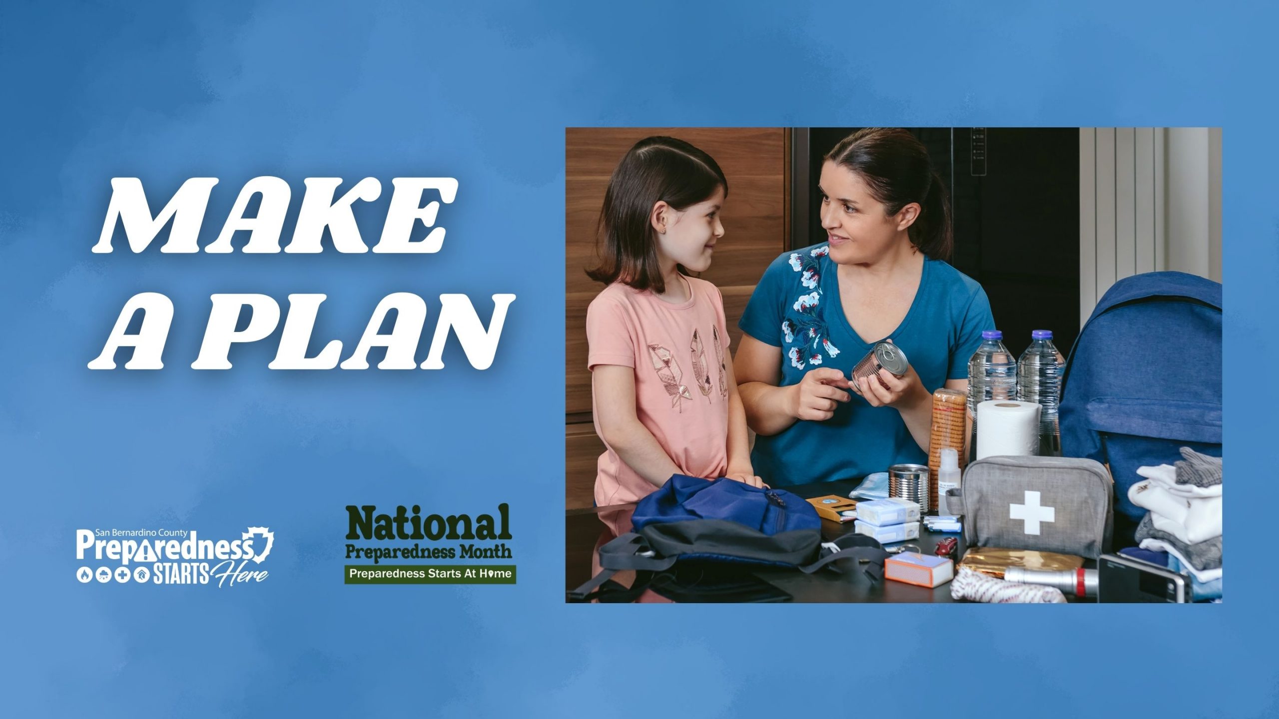 Picture showing family preparing for natural disasters with text family preparedness and preparedness starts here logo.