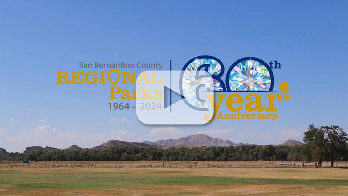 San Bernardino County Regional Parks 60th Anniversary logo over scenic park landscape with mountains and blue sky.