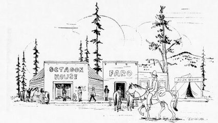 Illustration titled "The Artist's Conception of a Street in Belleville in 1860," showing a street scene with people, a horse, and buildings labeled Octagon House, Faro and Assay Office.