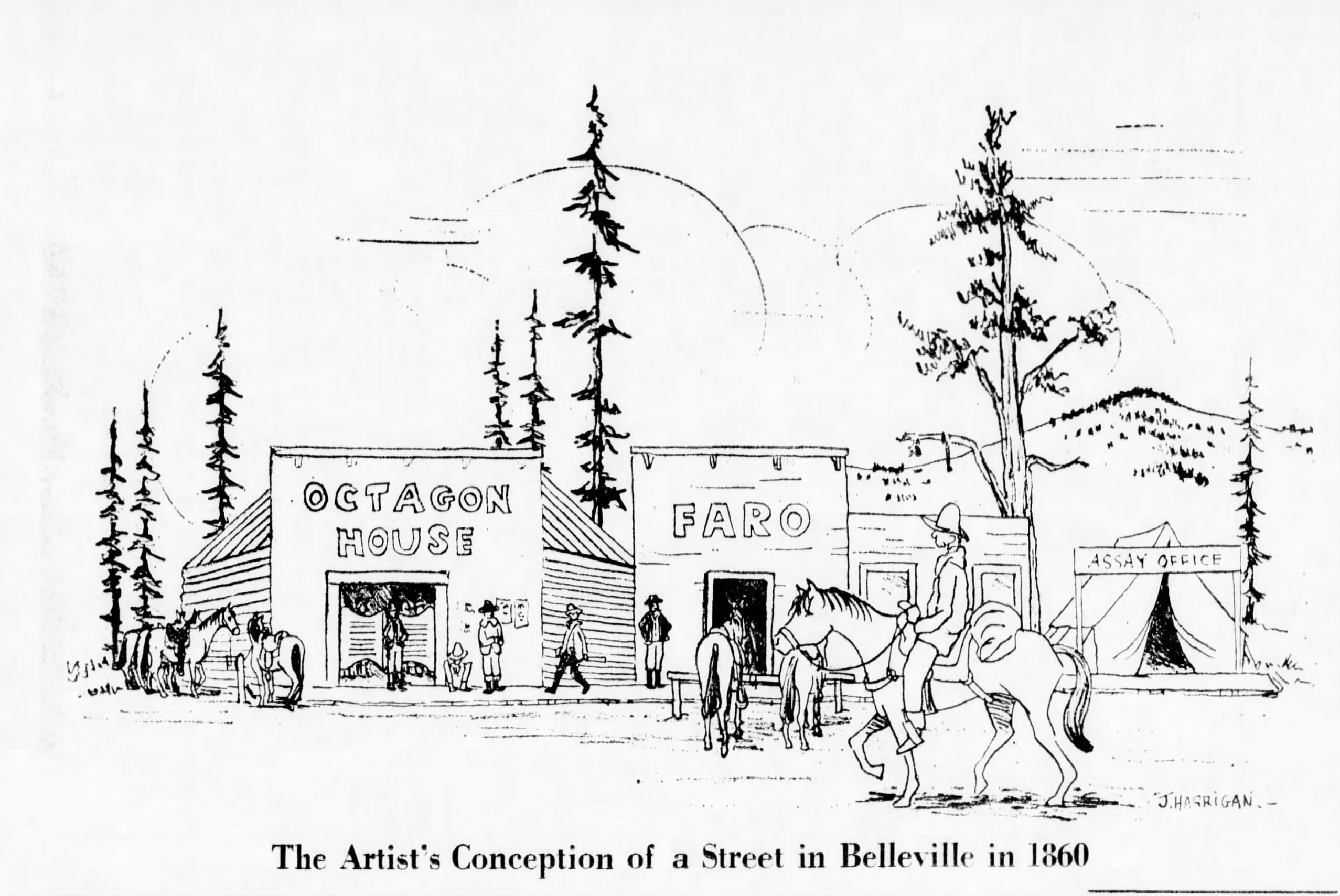 Illustration titled "The Artist's Conception of a Street in Belleville in 1860," showing a street scene with people, a horse, and buildings labeled Octagon House, Faro and Assay Office.