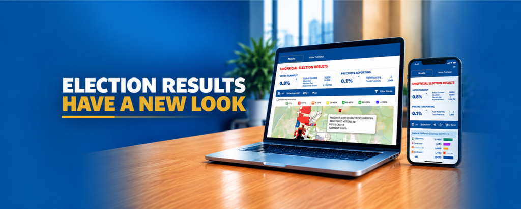 A graphic with “Election Results Have a New Look” text with a computer and mobile screen open to a sample of unofficial election results. 