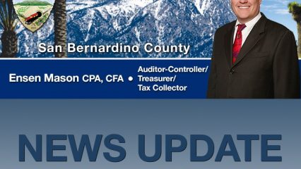 A graphic featuring Ensen Mason, Auditor-Controller/Treasurer/Tax Collector for San Bernardino County, with a backdrop of snowy mountains and the county's logo, accompanied by the text "NEWS UPDATE."