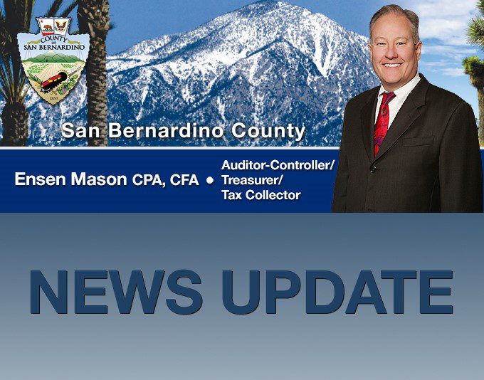 A graphic featuring Ensen Mason, Auditor-Controller/Treasurer/Tax Collector for San Bernardino County, with a backdrop of snowy mountains and the county's logo, accompanied by the text "NEWS UPDATE."