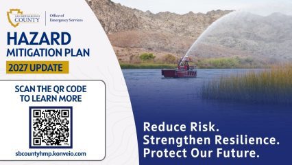 San Bernardino County Hazard Mitigation Plan 2027 Update. Image shows a firefighting boat spraying water on a lake with mountains in the background. Text reads: "Reduce Risk. Strengthen Resilience. Protect Our Future." Includes a QR code to sbcountyhmp.konveio.com.