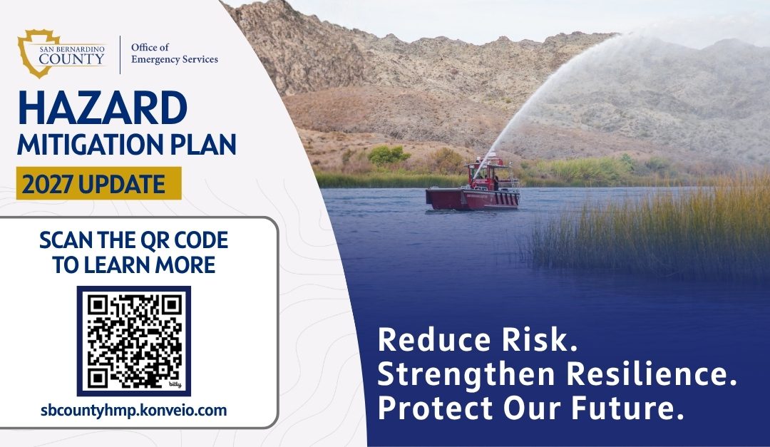 San Bernardino County Hazard Mitigation Plan 2027 Update. Image shows a firefighting boat spraying water on a lake with mountains in the background. Text reads: "Reduce Risk. Strengthen Resilience. Protect Our Future." Includes a QR code to sbcountyhmp.konveio.com.
