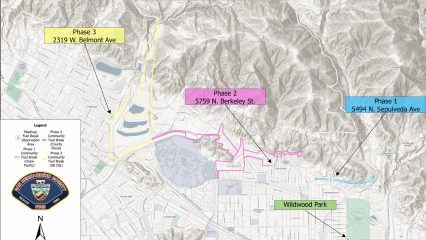 County Fire Topographic map with “Phase 1, 5494 N. Sepulveda Ave; Phase 2, 5759 N. Berkeley St; Phase 3, 2319 W. Belmont Ave” & “Woodland Park” sites.