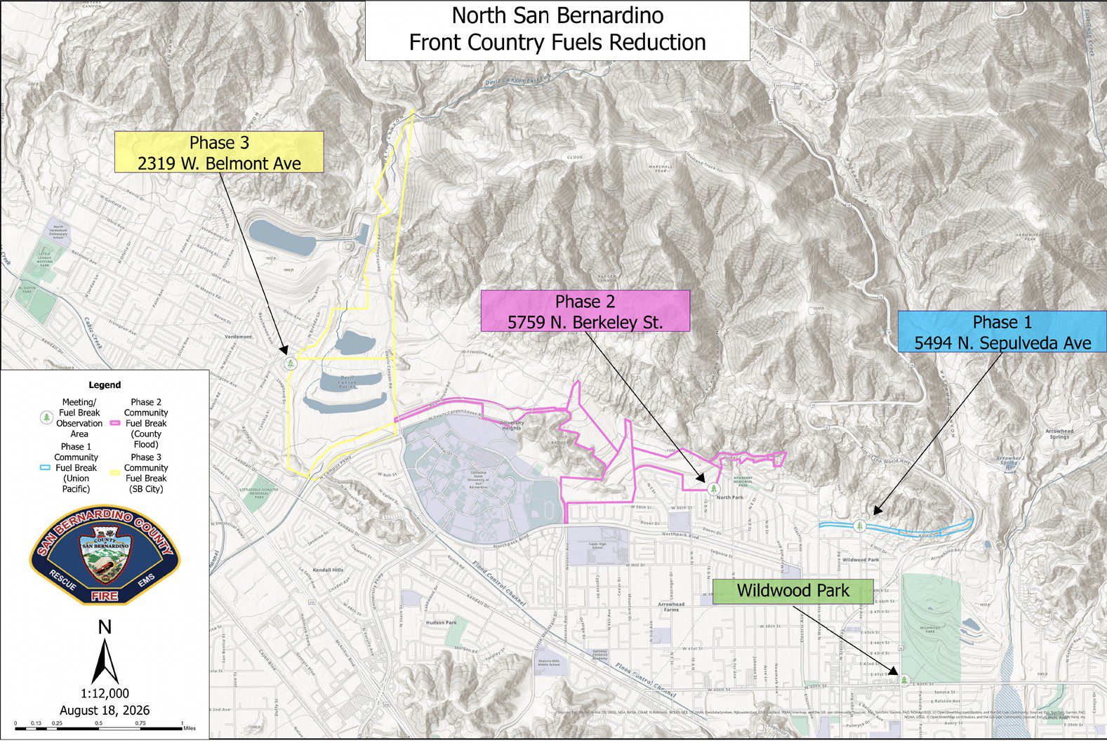 County Fire Topographic map with “Phase 1, 5494 N. Sepulveda Ave; Phase 2, 5759 N. Berkeley St; Phase 3, 2319 W. Belmont Ave” & “Woodland Park” sites.