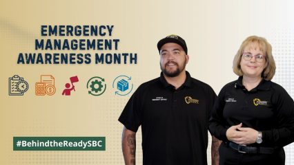 Emergency Management Month graphic with two SBC OES members, preparedness icons, and #BehindTheReadySBC.