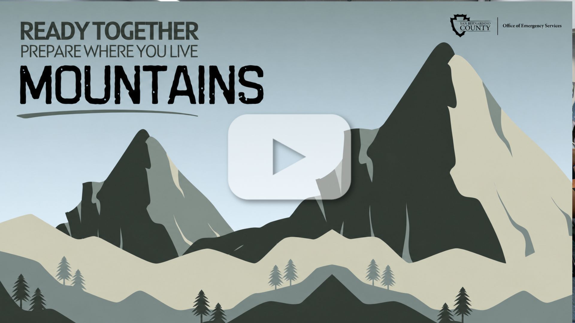 Illustrated mountain peaks and pine trees with text reading “Ready Together. Prepare Where You Live. Mountains.” OES logo at upper right.