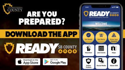 Graphic for the Ready SB County app, showing a smartphone displaying the app interface with options like 'et Alerts and Know Your Hazards. Text encourages downloading the app from the Apple App Store or Google Play.