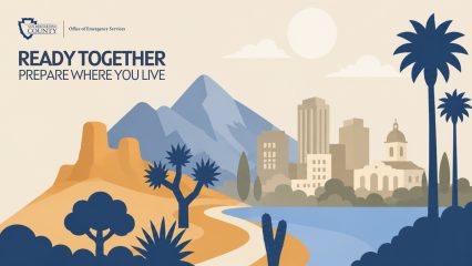 Ready Together: Prepare Where You Live graphic featuring stylized San Bernardino County mountains, desert, valley communities and palm trees, with the San Bernardino County Office of Emergency Services logo.
