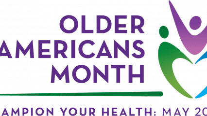 Two human symbols joining hands and holding a third up. Text: Older Americans Month. Champion Your Health: May 2026.