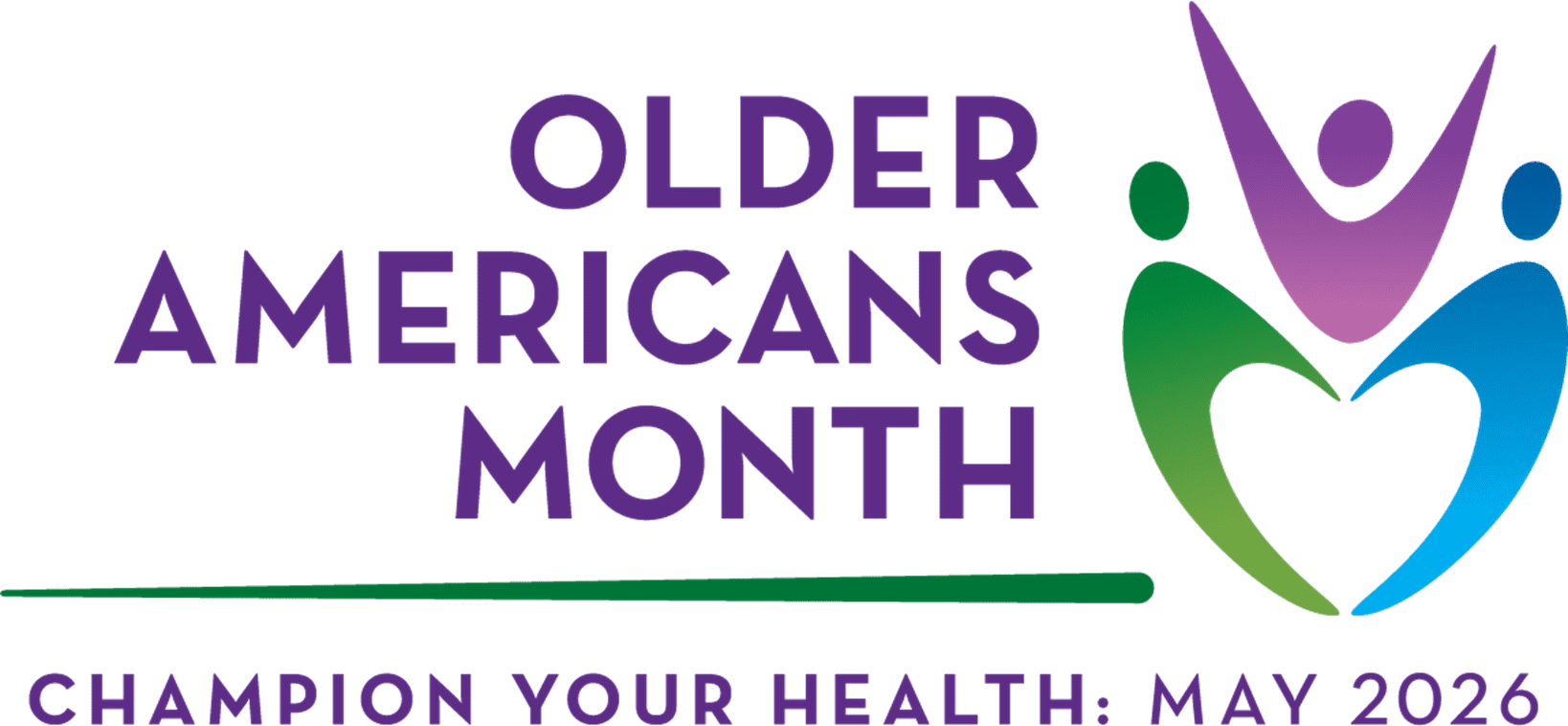 Two human symbols joining hands and holding a third up. Text: Older Americans Month. Champion Your Health: May 2026.