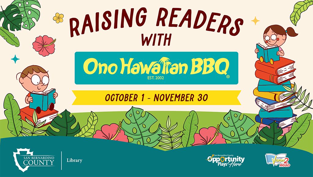 Kids reading books outdoors. Text: Raising Readers with One Hawaiian BBQ, October 1-November 30. Library, Opportunity Plays Here and Vision 2 Read logos.