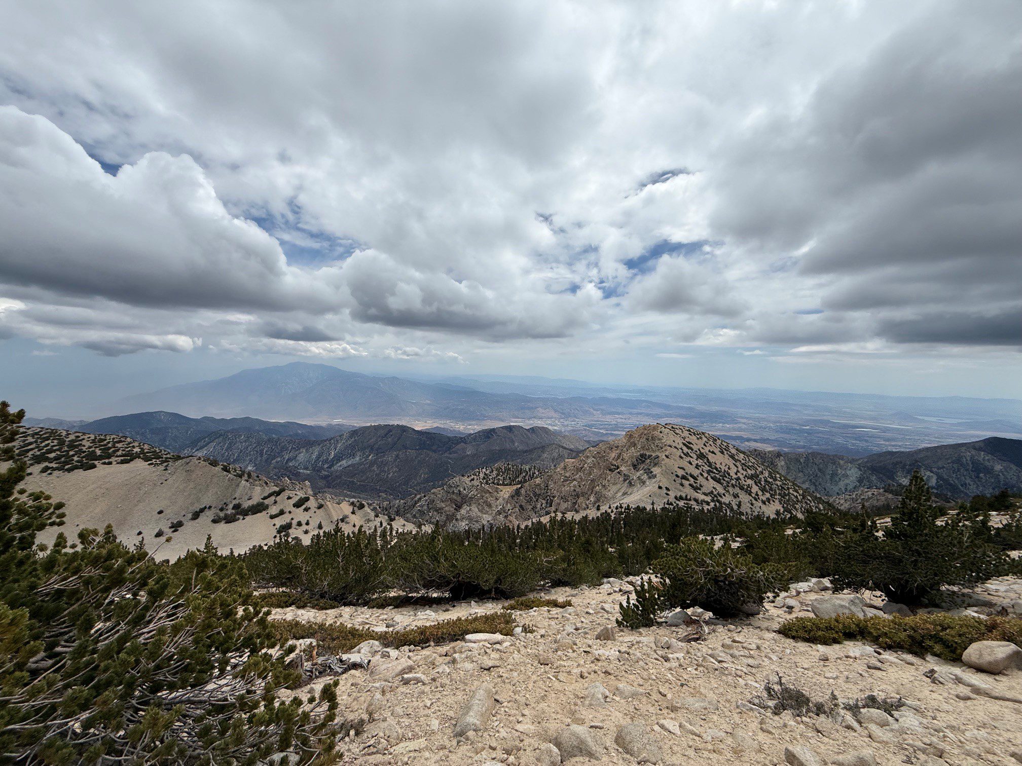 A mountainous landscape under a partly cloudy sky featuring scattered trees and green shrubs.
