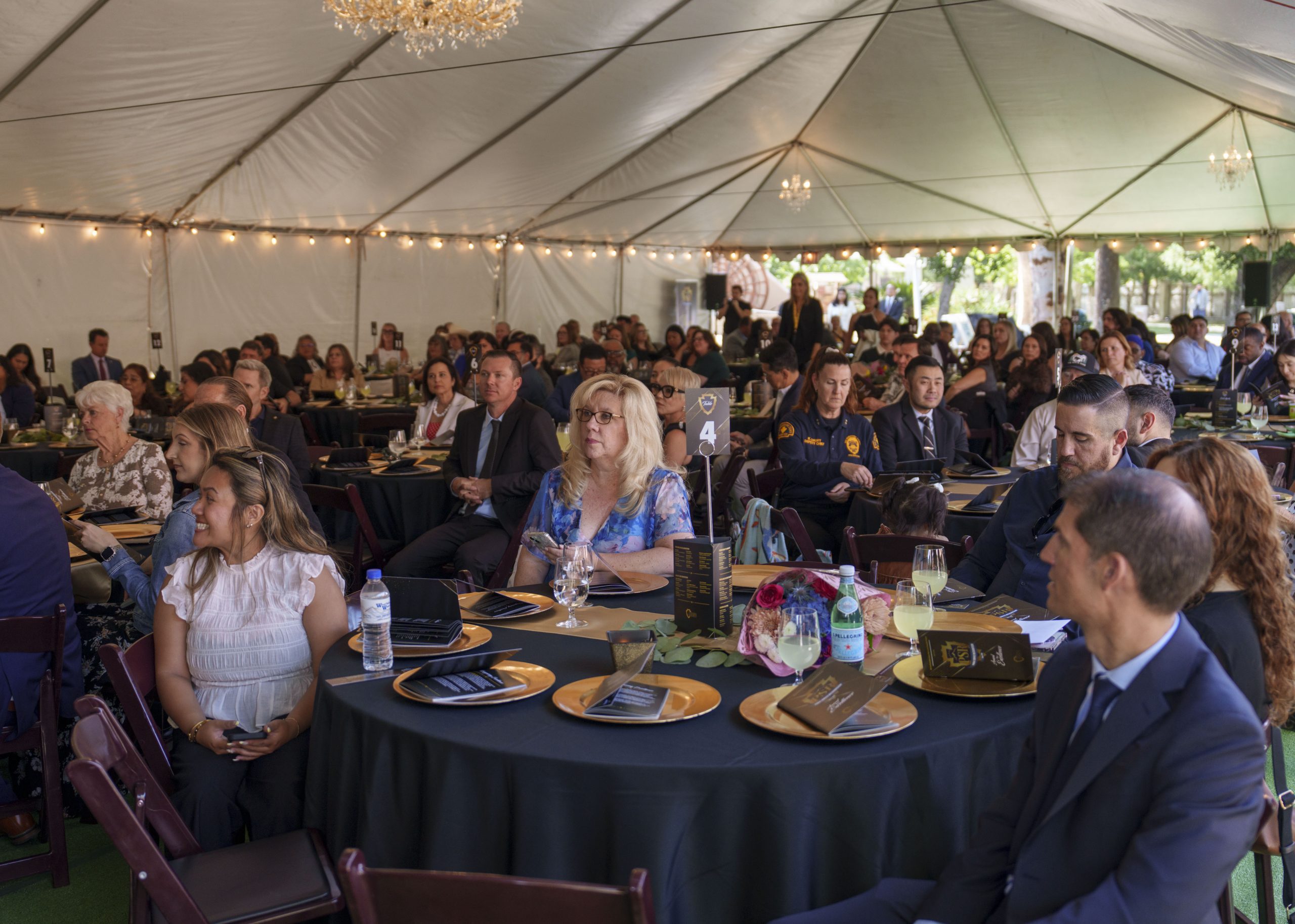 The image shows a large group of people seated at round tables under a white event tent. The tables have black tablecloths and gold plates. The audience is attentively facing forward, and a chandelier is hanging from the ceiling. String lights illuminate the space. Several people are wearing formal attire.