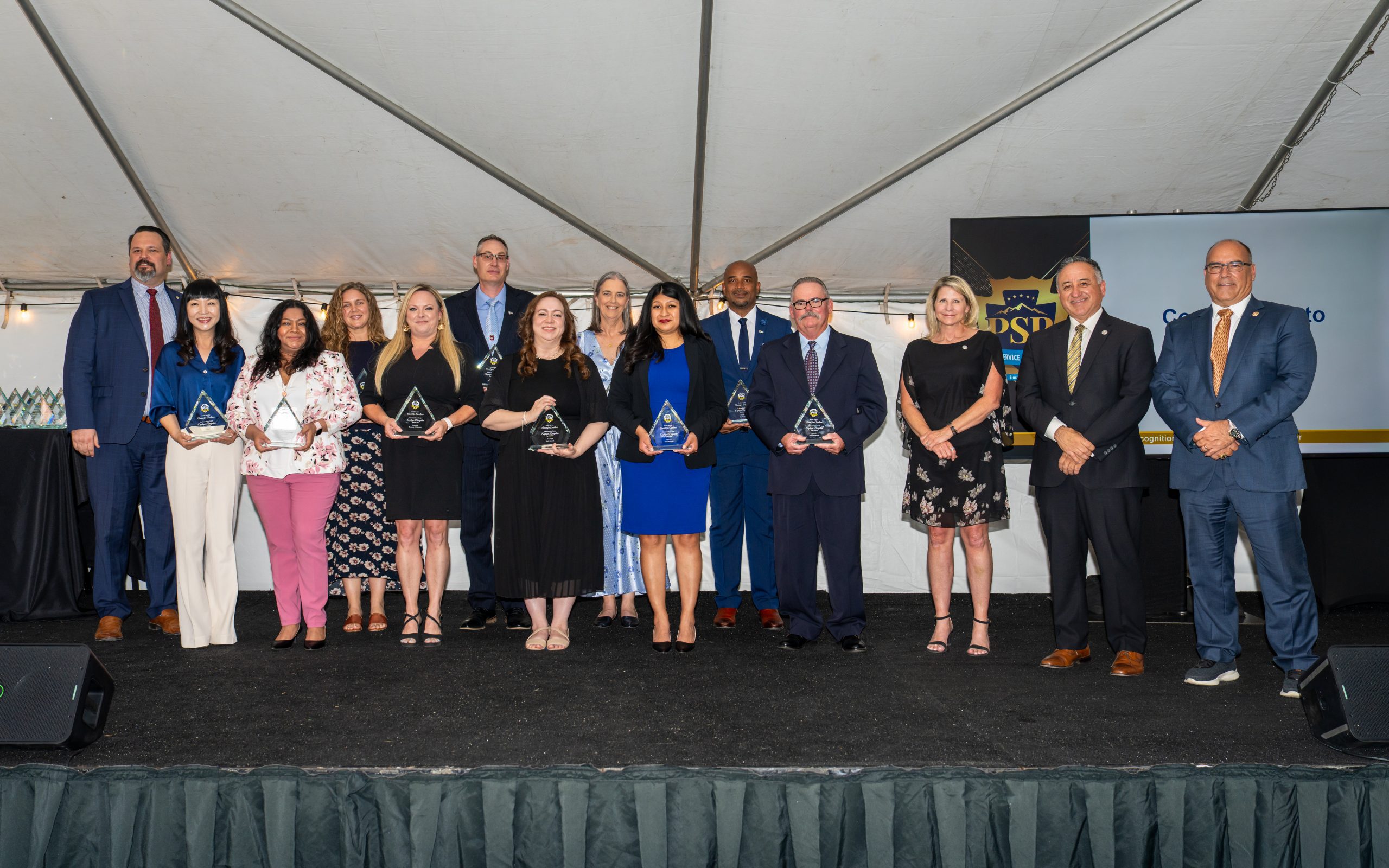 A group of individuals under a tent at an awards ceremony, each holding a triangular glass trophy. They are dressed in formal attire and stand in front of a backdrop featuring a "PSD" logo.