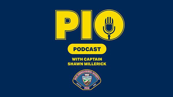Blue and yellow graphic featuring the text "PIO Podcast with Captain Shawn Millerick” and County Fire logo.