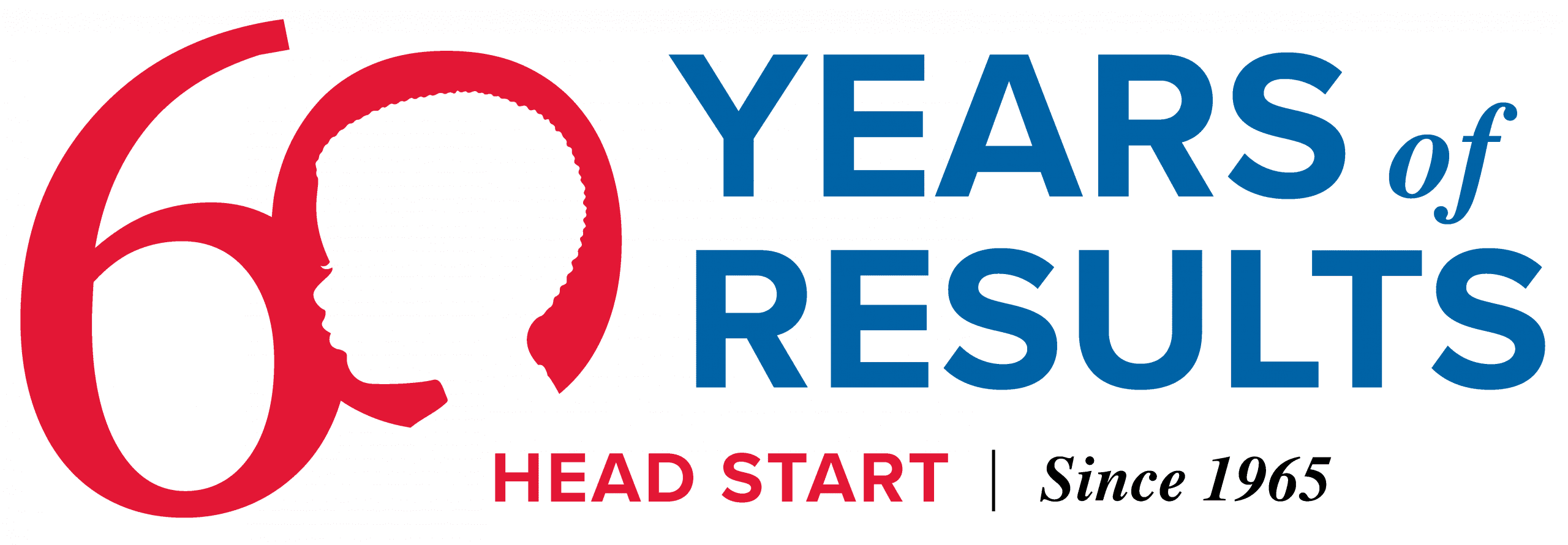 A logo with 60 in red and the silhouette of a child in the zero. Text reads, ‘60 years of results, Head Start since 1965.’