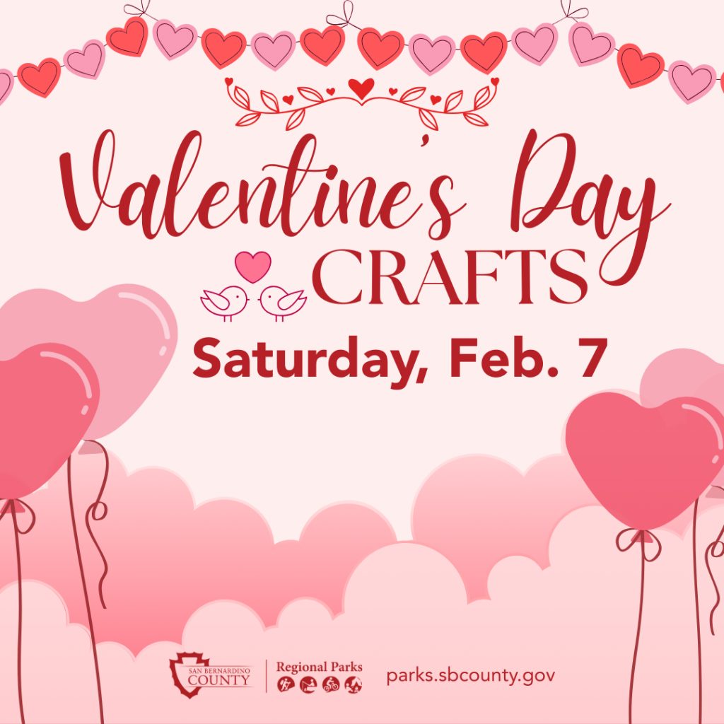Decorative hearts and clouds, two bird facing each other, decorative heart between them with the words Valentine's Day Crafts, Saturday, Feb. 7.