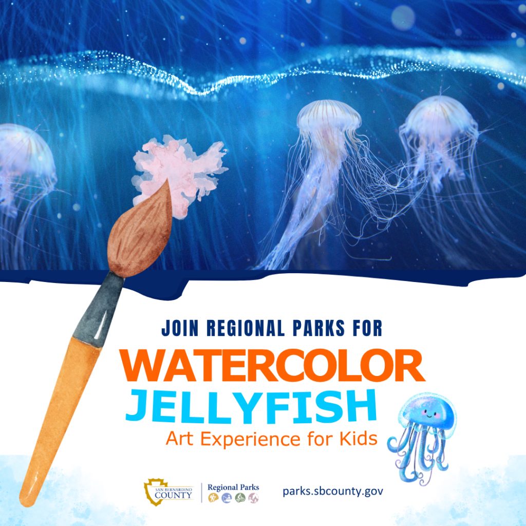 Jellyfish in water with paintbrush. Watercolor Jellyfish Art Experience for Kids. Regional Parks logo. parks.sbcounty.gov.