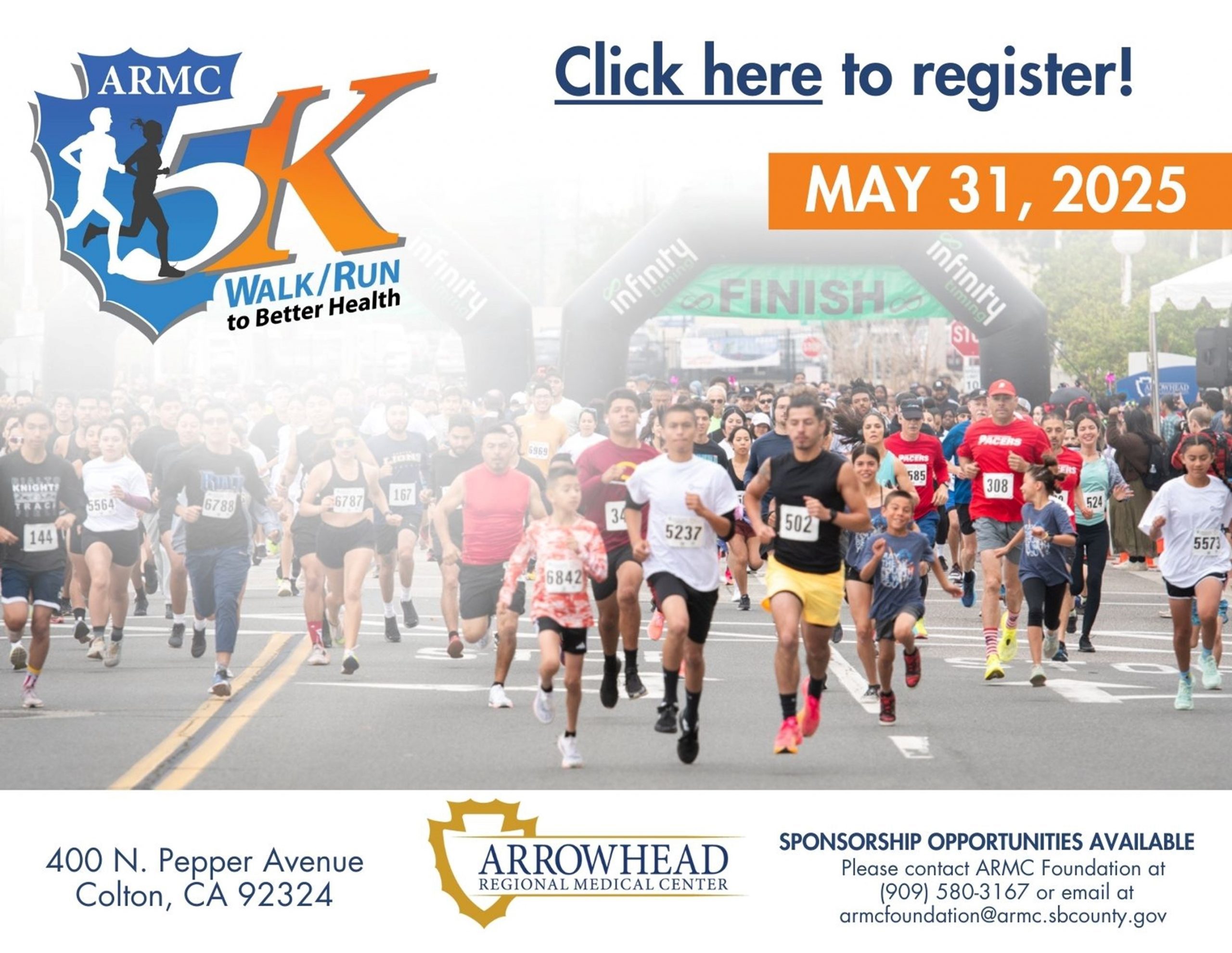ARMC 5k Walk/Run to Better health, click here to register, May 31, 2025, 400 N. Pepper Ave.,