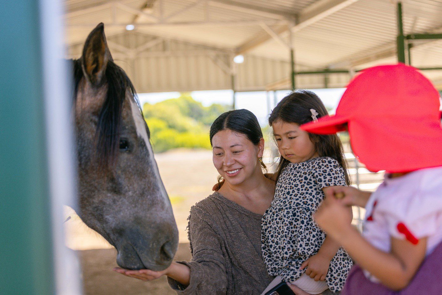 A woman holds a little girl while feeding a horse. Another child being held looks on at the horse.