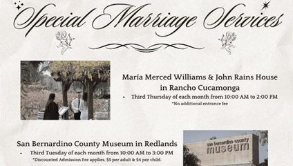 Graphic for monthly marriage services at County Museum and Rains House with dates, times, and photos of each location.