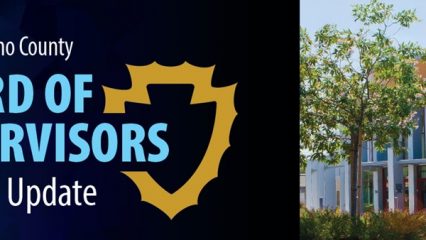 San Bernardino County Board of Supervisors Meeting Update banner with county Arrowhead logo and photo of a modern Highland police department sign.