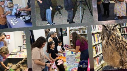 Promotional collage for “Galaxy Nights: Wildlife After Dark,” showing stargazing, library activities, children and a perched owl.
