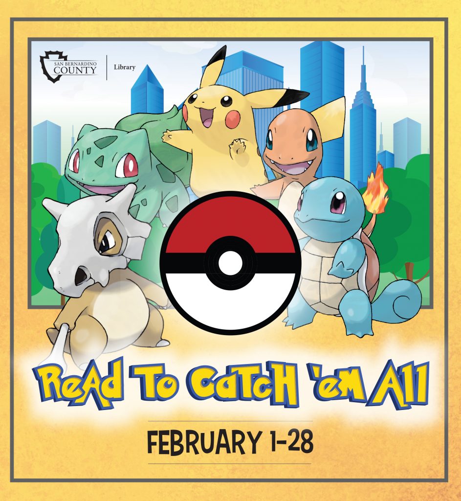 Five cute cartoon creatures, including a yellow mouse-like one, are in front of a city skyline. Text says "Read to Catch 'em All, February 1-28. Library logo in upper left-hand corner.