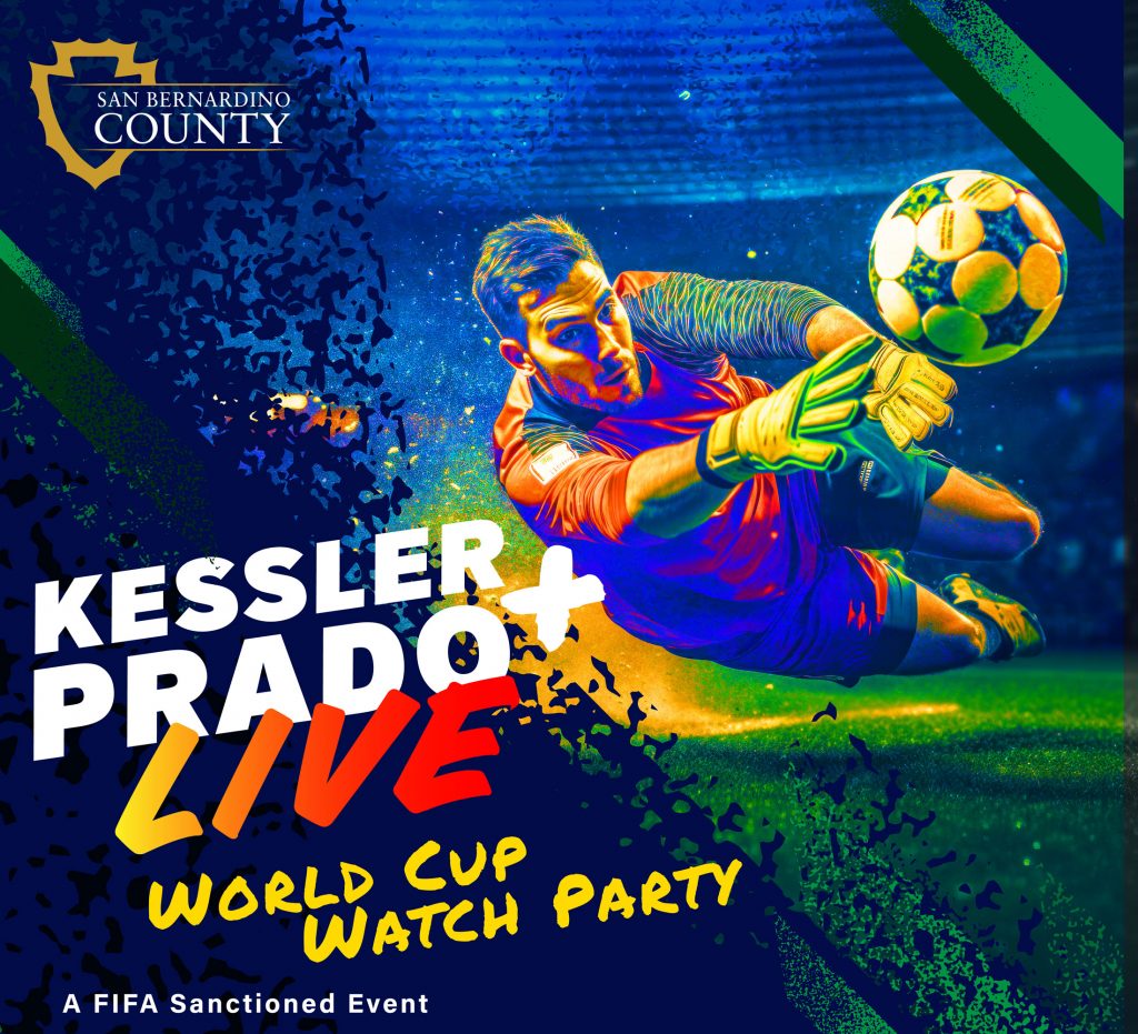 A male soccer goalie dives to catch a soccer ball in mid-air with text that says Live World Cup Watch Party, A FIFA Sanctioned Event and the county logo.