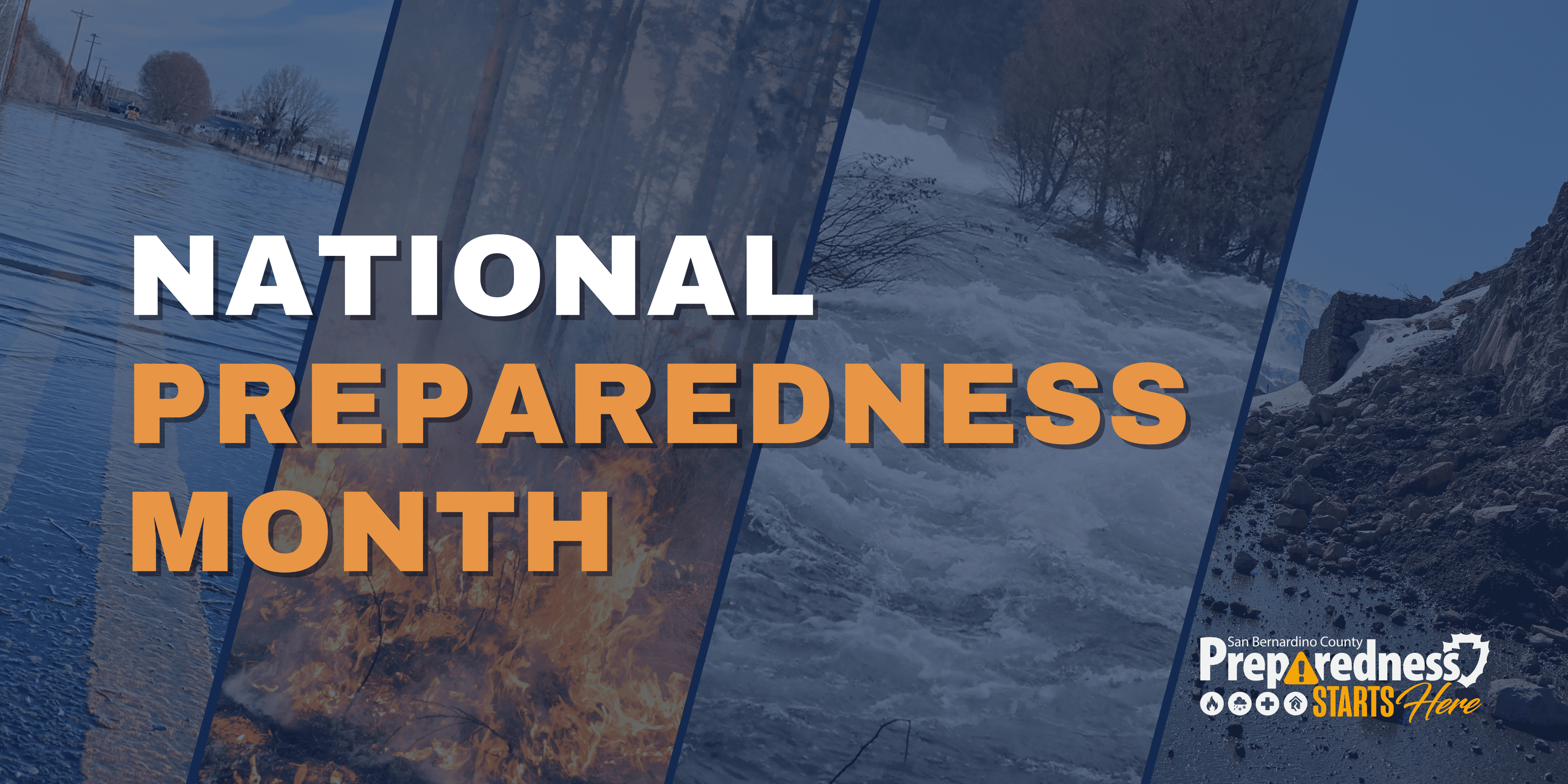 Picture showing natural disasters in background with text national preparedness month and logo