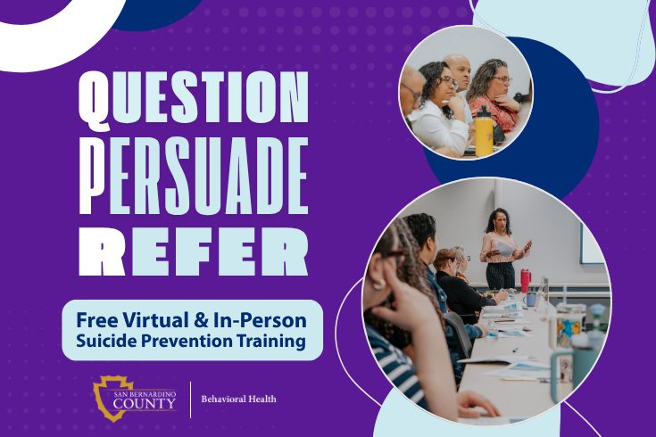 QPR suicide prevention training flyer featuring participants in a classroom setting and information on free virtual and in-person training.
