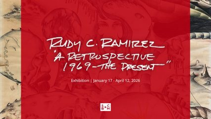 "Rudy C. Ramirez: A Retrospective, 1969–The Present" art exhibition, surreal, hand-drawn illustrations and red overlay with white handwritten-style text.