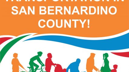 Silhouettes of diverse people with mobility aids. Text reads "Help Improve Transportation in San Bernardino County, Coordinated Transportation Plan."